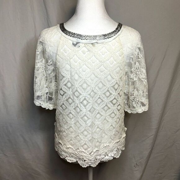 Miss Me White Lace Floral Boho Beaded Crochet Top T Shirt Womens Designer NWOT - Picture 6 of 8